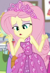 Size: 616x896 | Tagged: safe, imported from derpibooru, screencap, fluttershy, costume conundrum, equestria girls, equestria girls series, spoiler:choose your own ending (season 2), spoiler:eqg series (season 2), bare shoulders, clothes, costume conundrum: rarity, cropped, cute, dress, female, jewelry, looking down, princess dress, princess fluttershy, rarity's bedroom, seriously, sleeveless, solo, tiara