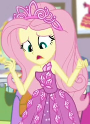 Size: 652x900 | Tagged: safe, imported from derpibooru, screencap, fluttershy, costume conundrum, equestria girls, equestria girls series, spoiler:choose your own ending (season 2), spoiler:eqg series (season 2), bare shoulders, clothes, costume conundrum: rarity, cropped, dress, female, jewelry, looking down, princess dress, princess fluttershy, rarity's bedroom, seriously, sleeveless, strapless, tiara, you made this for yourself?