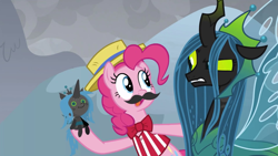 Size: 1920x1080 | Tagged: safe, imported from derpibooru, screencap, pinkie pie, queen chrysalis, the ending of the end, leak, bowtie, doll, fake moustache, female, toy, ultimate chrysalis