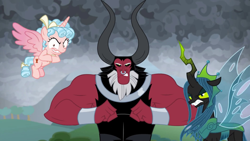 Size: 1920x1080 | Tagged: safe, imported from derpibooru, screencap, cozy glow, lord tirek, queen chrysalis, alicorn, the ending of the end, leak, alicornified, bow, cozy glow is best facemaker, cozycorn, crazy glow, crazycorn, insanity, race swap, tail bow, trio, ultimate chrysalis