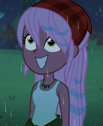 Size: 880x1080 | Tagged: safe, imported from derpibooru, screencap, raspberry lilac, equestria girls, equestria girls series, let it rain, spoiler:eqg series (season 2), bandana, clothes, cropped, cute, female, jewelry, necklace, outdoors, rain, sleeveless, smiling, tanktop, wet, wet hair