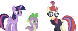 Size: 657x264 | Tagged: artist needed, safe, artist:superelectrogirl98, editor:undeadponysoldier, imported from derpibooru, moondancer, spike, twilight sparkle, alicorn, dragon, pony, unicorn, blushing, cute, female, glasses, happy, male, mare, shipping, simple background, spike gets all the mares, spikedancer, spikelove, straight, twilight sparkle (alicorn), twispike, vector used, white background