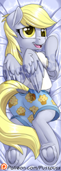 Size: 427x1200 | Tagged: safe, artist:pusspuss, imported from derpibooru, derpy hooves, pegasus, pony, body pillow, boxers, clothes, dock, female, frog (hoof), human shoulders, mare, obtrusive watermark, patreon, patreon logo, smiling, solo, underhoof, underwear, watermark