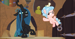 Size: 1234x646 | Tagged: safe, imported from derpibooru, screencap, cozy glow, queen chrysalis, changeling, changeling queen, pegasus, pony, the ending of the end, leak, duo, duo female, female, filly, flying, smiling, smirk