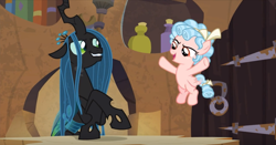 Size: 1234x648 | Tagged: safe, imported from derpibooru, screencap, cozy glow, queen chrysalis, changeling, pegasus, pony, the ending of the end, leak, female, filly, flying, smiling, smirk