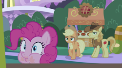 Size: 2880x1616 | Tagged: safe, imported from derpibooru, screencap, applejack, braeburn, pinkie pie, earth pony, pony, the summer sun setback, cart, cowboy hat, eating, faic, female, hat, male, mare, puffy cheeks, stallion, trio