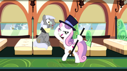 Size: 1920x1080 | Tagged: safe, imported from derpibooru, screencap, caesar, count caesar, sweetie belle, growing up is hard to do, being big is all it takes, cane, cutie mark, hat, lidded eyes, older, older sweetie belle, the cmc's cutie marks, top hat