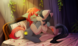 Size: 1600x960 | Tagged: safe, artist:skyeypony, imported from derpibooru, oc, oc only, oc:quillwright, oc:willow wisp, pegasus, pony, unicorn, fallout equestria, bed, blushing, butt, duo, fallout equestria: of shadows, female, kissing, lesbian, plot, shipping