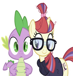 Size: 653x679 | Tagged: artist needed, safe, editor:undeadponysoldier, imported from derpibooru, moondancer, spike, dragon, pony, unicorn, blushing, confused, cute, female, glasses, happy, male, mare, shipping, simple background, spikedancer, spikelove, straight, vector used, white background