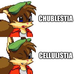 Size: 490x490 | Tagged: safe, artist:kelvin shadewing, deleted from derpibooru, imported from derpibooru, oc, oc only, oc:midi waffle, squirrel, cellulistia, chublestia, midi meme, pixel art, proposed tag change, pun