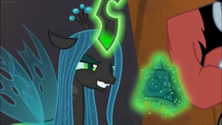 Size: 1366x768 | Tagged: safe, imported from derpibooru, screencap, lord tirek, queen chrysalis, the summer sun setback, bell, grogar's bell, levitation, magic, plotting, sinister, telekinesis