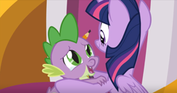 Size: 1234x646 | Tagged: safe, imported from derpibooru, screencap, spike, twilight sparkle, alicorn, dragon, the ending of the end, leak, crying, cute, hug, mama twilight, medal, sparkle siblings, spikabetes, tears of joy, twilight sparkle (alicorn), winged spike, wings