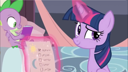 Size: 1366x768 | Tagged: safe, imported from derpibooru, screencap, spike, twilight sparkle, alicorn, dragon, the summer sun setback, aura, bed, book, duo, levitation, magic, reading, scroll, sitting, smiling, smirk, telekinesis, twilight sparkle (alicorn), winged spike, wings