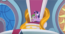 Size: 1234x646 | Tagged: safe, imported from derpibooru, screencap, spike, twilight sparkle, alicorn, dragon, the ending of the end, leak, hug, mama twilight, sparkle siblings, throne, twilight sparkle (alicorn), winged spike, wings