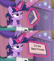 Size: 600x675 | Tagged: safe, edit, edited screencap, imported from derpibooru, screencap, twilight sparkle, alicorn, pony, a trivial pursuit, best princess, book, dank memes, exploitable meme, facts, faic, female, meme, messy mane, open book, smug, solo, twilight snapple, twilight sparkle (alicorn), twilight's fact book