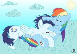 Size: 1414x1000 | Tagged: safe, artist:istrolltime, imported from derpibooru, rainbow dash, soarin', pony, backwards cutie mark, cloud, cuddling, female, male, shipping, sleeping, soarindash, straight