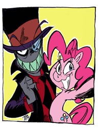 Size: 995x1280 | Tagged: safe, artist:grotezco, imported from derpibooru, pinkie pie, big smile, black hat (villainous), clothes, crossover, evil grin, grin, hat, looking at you, monocle, pose, selfie, simple background, smiling, suit, top hat, villainous, yellow background