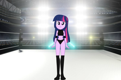 Size: 2800x1863 | Tagged: safe, artist:invisibleink, artist:marcusvanngriffin, edit, imported from derpibooru, twilight sparkle, equestria girls, belly button, boots, clothes, commission, elbow pads, female, intro, introduction, knee pads, looking at you, midriff, shoes, solo, sports, sports bra, sports panties, spotlight, wrestler, wrestling, wrestling ring