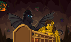 Size: 1160x689 | Tagged: safe, artist:littletigressda, artist:moonlightfan, imported from derpibooru, oc, dragon, pony, cave, fanfic, fanfic art, fanfic cover