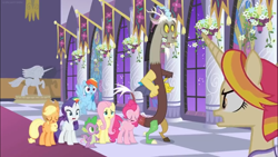 Size: 1366x768 | Tagged: safe, imported from derpibooru, screencap, applejack, discord, fire flare, fluttershy, rainbow dash, rarity, spike, the summer sun setback, banner, carpet, column, flower, night, quitting, shocked, statue, surprised, upset, window