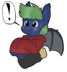 Size: 742x790 | Tagged: safe, artist:almond evergrow, imported from derpibooru, oc, oc only, oc:fruitcup, bat pony, pony, bat pony oc, blushing, exclamation point, solo, surprised