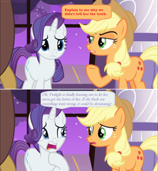 Size: 1366x1478 | Tagged: safe, edit, edited screencap, imported from derpibooru, screencap, applejack, discord, rarity, the summer sun setback, comic, dialogue, nervous, scared, screencap comic, speech bubble, unamused, window, worried