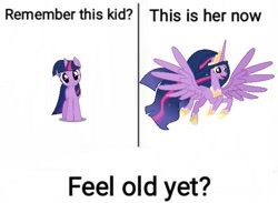 Size: 573x420 | Tagged: safe, artist:digimonlover101, artist:shootingstarsentry, edit, imported from derpibooru, twilight sparkle, alicorn, pony, unicorn, the last problem, adult, cute, ethereal mane, feel old yet?, feeling old yet?, female, mare, meme, older, older twilight, open mouth, princess twilight 2.0, simple background, spread wings, text edit, twilight sparkle (alicorn), unicorn twilight, white background, wings