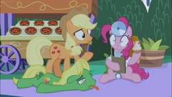 Size: 1366x768 | Tagged: safe, imported from derpibooru, screencap, applejack, pinkie pie, wensley, earth pony, pony, the summer sun setback, clipboard, cupcake, doctor, eating, fatigues, food, head mirror, night, surprised, tired, tongue out, weak, wide eyes