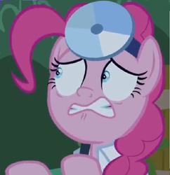 Size: 742x768 | Tagged: safe, edit, edited screencap, imported from derpibooru, screencap, pinkie pie, pony, the summer sun setback, cropped, doctor, female, head mirror, night, solo, worried