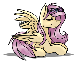 Size: 1000x800 | Tagged: safe, artist:cheluat, imported from derpibooru, fluttershy, pony, eyes closed, female, floral head wreath, flower, prone, signature, simple background, smiling, solo, transparent background