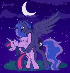 Size: 831x869 | Tagged: safe, artist:lulubell, imported from derpibooru, princess luna, twilight sparkle, alicorn, pony, bipedal, dancing, female, grass, laughing, lesbian, mare, moon, night, outdoors, shipping, stars, twilight sparkle (alicorn), twiluna