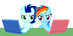 Size: 1280x634 | Tagged: safe, artist:mlplary6, imported from derpibooru, rainbow dash, soarin', pony, computer, female, laptop computer, male, shipping, soarindash, straight