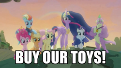 Size: 936x523 | Tagged: safe, edit, edited screencap, imported from derpibooru, screencap, applejack, fluttershy, pinkie pie, rainbow dash, rarity, spike, twilight sparkle, alicorn, the last problem, leak, buy our toys, caption, end of ponies, image macro, implied g5, mane seven, mane six, older, op is a duck, text, too soon, twilight sparkle (alicorn)