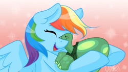 Size: 1192x670 | Tagged: safe, artist:cadetredshirt, imported from derpibooru, rainbow dash, tank, pegasus, pony, tortoise, cel shading, cell shaded, cute, dashabetes, ear fluff, eyes closed, gradient background, hug, hugging a pony, nuzzling, redraw, smiling, wings