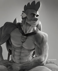 Size: 1080x1331 | Tagged: artist needed, safe, imported from derpibooru, spike, dragon, the last problem, /mlp/, abs, buff, chad, chad spike, gigachad, gigachad spike, grayscale, jewelry, lidded eyes, male, medal, meme, monochrome, muscles, necklace, older, older spike, sitting, smiling, smirk, solo, stupid sexy spike, that was fast, vein, winged spike, wings