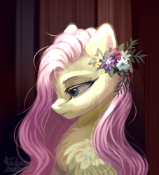 Size: 4090x4512 | Tagged: safe, artist:teaflower300, imported from derpibooru, fluttershy, pegasus, pony, abstract background, bust, chest fluff, female, flower, flower in hair, lidded eyes, looking down, mare, portrait, profile, solo