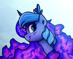 Size: 2731x2202 | Tagged: safe, artist:thefloatingtree, imported from derpibooru, princess luna, alicorn, pony, bust, female, horn, mare, portrait, profile, smiling, solo