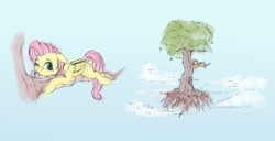 Size: 3357x1719 | Tagged: safe, artist:vanillaghosties, imported from derpibooru, fluttershy, pegasus, pony, female, floating, floppy ears, folded wings, in a tree, looking at you, mare, on a branch, one eye closed, prone, sky, smiling, solo, tongue out, tree, tree branch, wings, wink