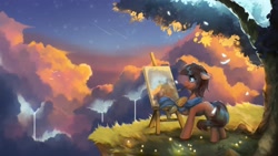 Size: 2880x1620 | Tagged: safe, artist:anticular, imported from derpibooru, oc, oc only, bird, earth pony, pony, brush, clothes, cloud, easel, floating island, painting, scarf, scenery, solo, tree