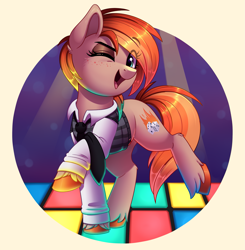 Size: 2035x2078 | Tagged: safe, artist:thegamblehorse, imported from derpibooru, oc, oc only, oc:parlay, earth pony, pony, clothes, cute, dance floor, dancing, female, freckles, mare, necktie, one eye closed, shirt, solo, unshorn fetlocks, vest, wink