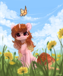 Size: 2000x2425 | Tagged: safe, artist:graypillow, imported from derpibooru, oc, oc only, butterfly, pony, unicorn, cloud, grass, solo