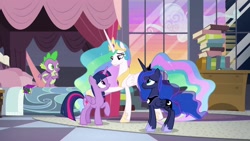 Size: 1920x1080 | Tagged: safe, imported from derpibooru, screencap, princess celestia, princess luna, spike, twilight sparkle, alicorn, dragon, pony, the summer sun setback, twilight sparkle (alicorn), winged spike, wings