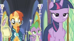 Size: 1920x1080 | Tagged: safe, imported from derpibooru, screencap, spike, sunburst, twilight sparkle, alicorn, dragon, pony, the parent map, frown, smug, twilight sparkle (alicorn), twilight's castle