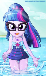 Size: 440x726 | Tagged: safe, artist:charliexe, imported from derpibooru, sci-twi, twilight sparkle, equestria girls, equestria girls series, adorasexy, beautisexy, clothes, cute, female, geode of telekinesis, glasses, looking at you, magical geodes, open mouth, ponytail, sexy, sleeveless, solo, swimsuit, twiabetes