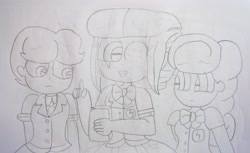 Size: 4565x2796 | Tagged: safe, artist:徐詩珮, imported from derpibooru, fizzlepop berrytwist, glitter drops, spring rain, tempest shadow, equestria girls, clothes, crystal prep academy, crystal prep academy uniform, crystal prep shadowbolts, equestria girls-ified, female, glittershadow, lesbian, lineart, polyamory, school uniform, shipping, springdrops, springshadow, springshadowdrops, traditional art