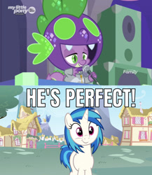 Size: 642x739 | Tagged: safe, edit, edited screencap, editor:undeadponysoldier, imported from derpibooru, screencap, dj pon-3, spike, vinyl scratch, dragon, pony, unicorn, she's all yak, caption, crush, cute, discovery family logo, dj scales and tail, female, happy, image macro, male, mare, meme, microphone, perfect, ponyville, shipping, smiling, straight, text, vinylbetes, vinylspike