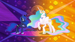 Size: 3840x2160 | Tagged: safe, artist:chrzanek97, artist:laszlvfx, edit, imported from derpibooru, princess celestia, princess luna, cute, cutelestia, cutie mark, open mouth, raised hoof, royal sisters, wallpaper, wallpaper edit