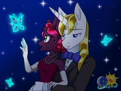 Size: 1024x768 | Tagged: safe, artist:animesonic2, imported from derpibooru, fizzlepop berrytwist, prince blueblood, tempest shadow, anthro, unicorn, berryblood, bowtie, broken horn, clothes, crack shipping, dress, evening gloves, female, gloves, horn, jewelry, long gloves, male, mare, necklace, pearl necklace, shipping, stallion, straight, suit