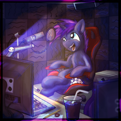 Size: 4000x4000 | Tagged: safe, artist:amura-of-jupiter, artist:tiothebeetle, imported from derpibooru, oc, oc only, unicorn, bottlecap, box, cables, chair, coke, crossed legs, cutie mark, gaming chair, glass, glowing light, happy, keyboard, male, microphone, monitor, office chair, open mouth, paper, pencil, piebald, recording, recording studio, screen, sitting, soda, speaker, talking, teeth