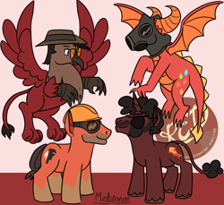 Size: 971x890 | Tagged: safe, artist:mediponee, imported from derpibooru, dragon, griffon, pony, unicorn, crossover, demoman, dragonified, engineer, griffonized, ponified, pyro, sniper, species swap, team fortress 2